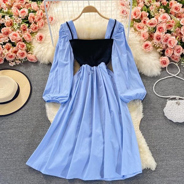 

casual dresses autumn fashion contrast color stitching fake two high waist square neck dress french celebrity closed sen department, Black;gray