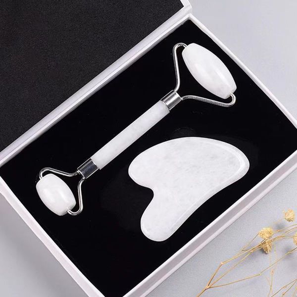 Yüz Roller Gua Sha Tool Set Set Masajer Doğal Beyaz Yeşim Yüz Silindirler Masaj kazıma Spa Gözleri Boyun Güzelliği Anti Kırışıklık Anti Selülit Cilt Bakımı