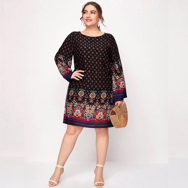 

plus size dresses 2021 summer dress long sleeve women o neck floral print casual midi loose oversized clothing, Black