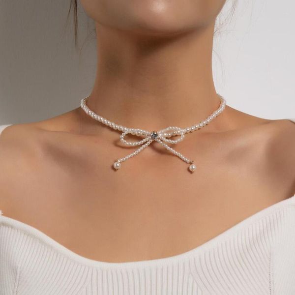 

chokers beautiful white pearls bowknot choker elegant girl`s clavicle pearl necklace wedding jewelry, Golden;silver