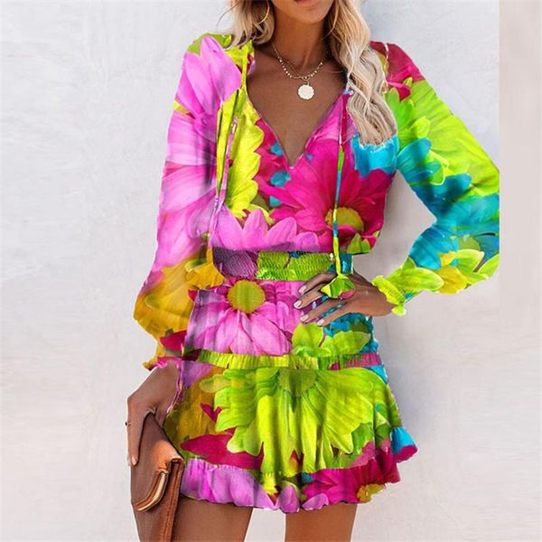 

casual dresses elegant mini dress women floral print tie dye bodycon autumn long sleeve v neck a-line pleated vestido plus size, Black;gray