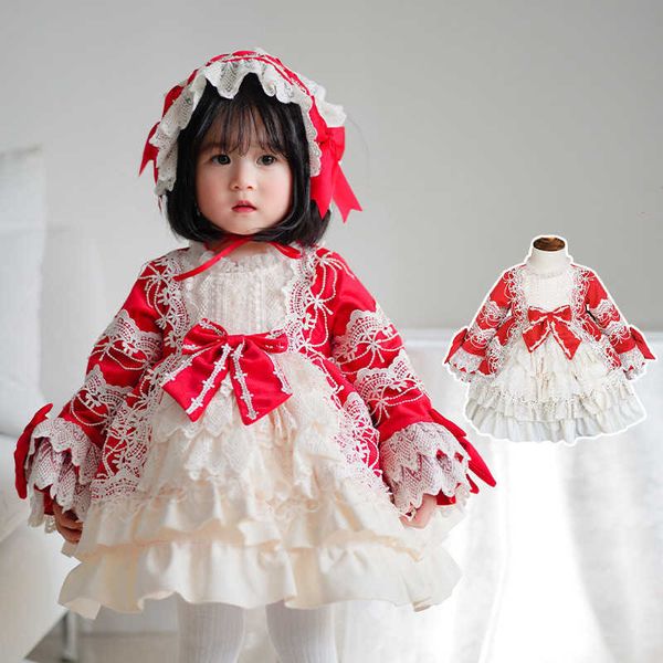 Ragazza Abiti rossi spagnoli Abbigliamento boutique per bambini Vestito da principessa Lolita a maniche lunghe per bambine con copricapo Party 210615