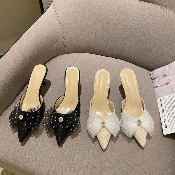 

slippers women sandals pointed stiletto heel mules shoes closed toe mesh bow high pearl for, Black