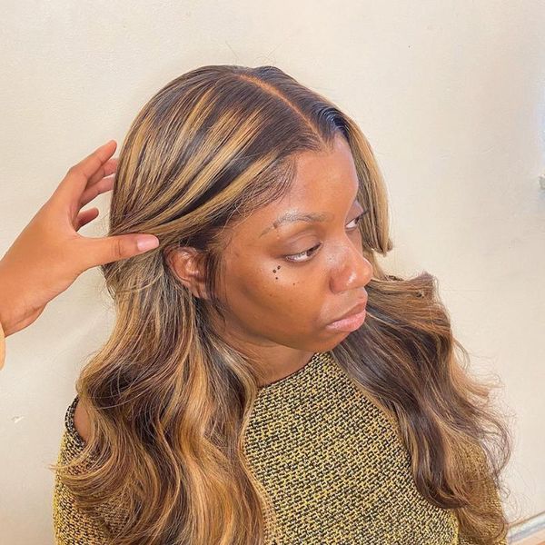 

lace wigs 180% highlight l3/27 color wig body wave ombre front human hair for black women, Black;brown