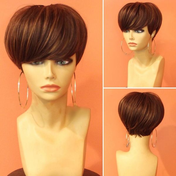 

Short Straight Mixed Brown Color Bob Pixie Cut Wavy Wigs Non Lace Front Human Hair Wig with Bangs for Black Women Remy Brazilian, Customize