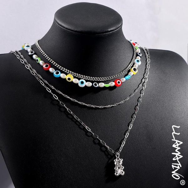 

chains handmade silver color bear evil eye pearl beaded necklace for women girls creative colorful glass beads strand necklaces jewelry