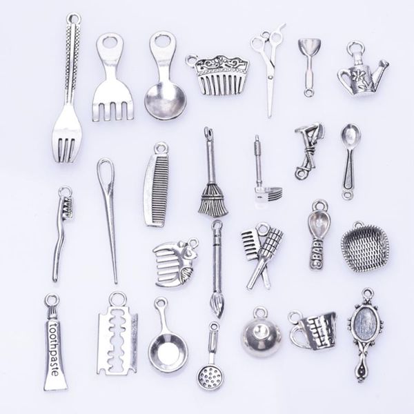 

charms mix tableware theme cook fork knife diy spoon saucepan scissors comb pendant for chef gift necklaces keychain jewelry, Bronze;silver