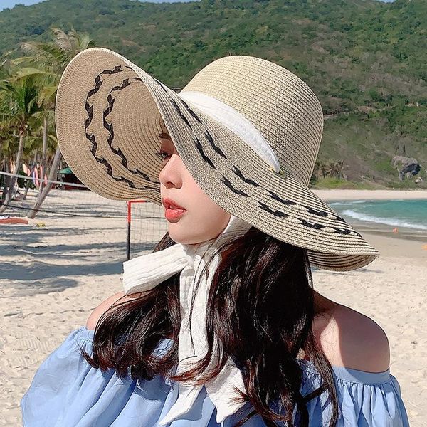 

wide brim hats white ribbon straw hat female shade cap 2021 travel holiday beach sun women big fashion anti-uv sunscreen, Blue;gray