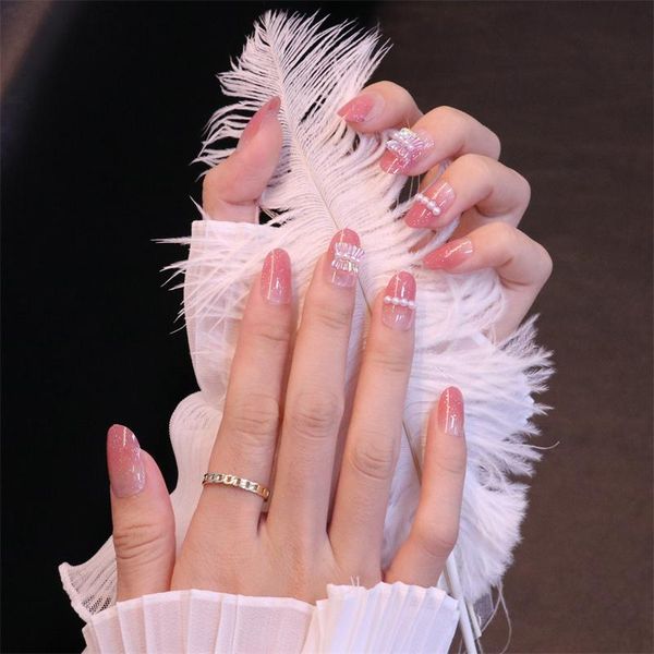 

false nails 24pcs set 3d rhinestone pearl french ombre crystal pink acrylic short fake press on fingernail sxy-39, Red;gold