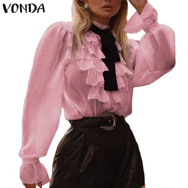 

vonda women long sleeve ruffled blouse 2021 vonda bohemian fashion female shirts office blusas femininas plus size, White