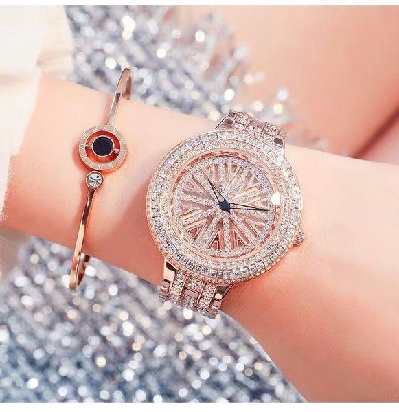 

wristwatches rotate dial women watches iced out diamond ladies watch stainless steel gold female clock crystal bracelet wrist for, Slivery;brown