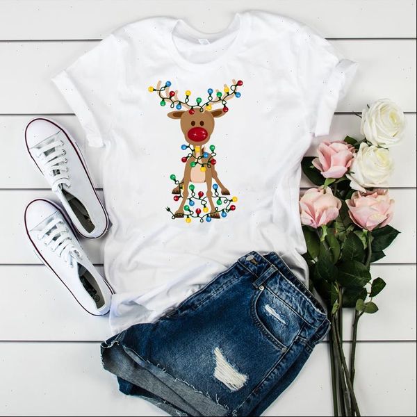 

suitable all seasons new cute t shirt women fashion christmas reindeer print harajuku short sleeve shirt white tshirt