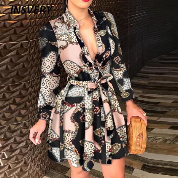 

casual dresses women chain print long sleeve dress 2021 bandage mini a-line elegant spring autumn party boho, Black;gray