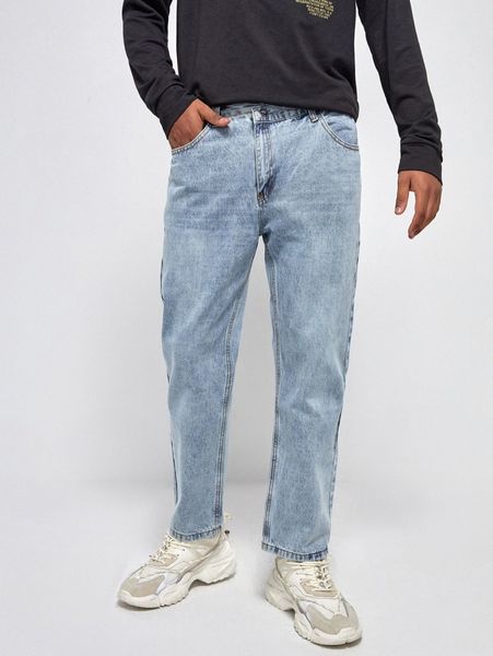 

men bleach wash slant pocket tapered jeans p1um#, Blue