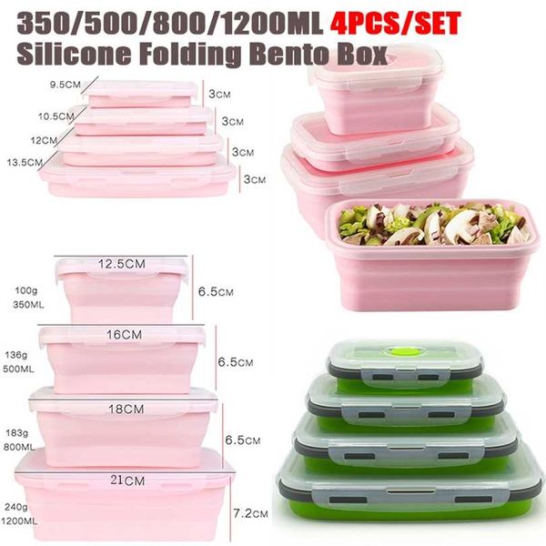 4 pz/set Silicone Rettangolo Lunch Box Pieghevole Bento Pieghevole Contenitore per Alimenti Ciotola 300/500/800/1200 ml per Stoviglie 211104