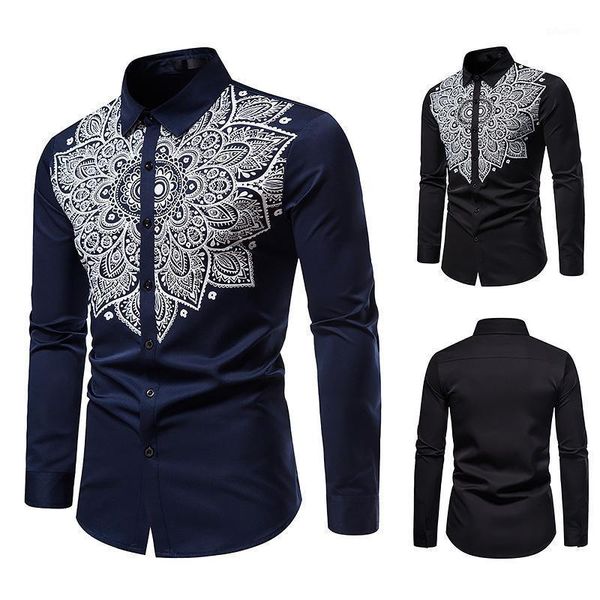 

men's casual shirts 2021 autumn men's long sleeve fashion button-down shirt printed man, White;black