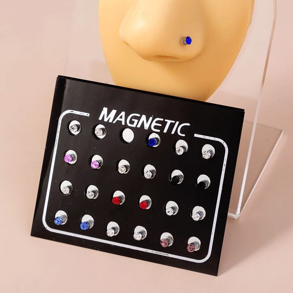 

new color diamond inlaid magnetic false ear lip nail hole puncture nose ornament, Silver