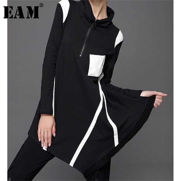 

[eam] new spring solid color stand collar long sleeve irregular split joint loose sweatshirt women fashion tide jc68100m 201126, Black
