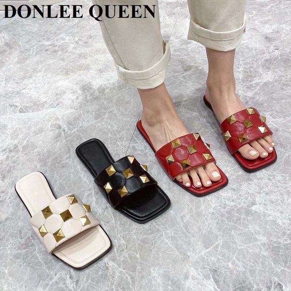 

2021 fashion brand rivet slippers women flat casual shoes slip on slides embroider flip flops female sandal soft outdoor slipper, Black