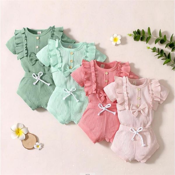 

clothing sets 0-24month baby girls solid color cotton clothes set,born short sleeve o-neck romper with ruffles+drawstring pants, White