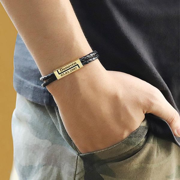 

tennis diy custom names letter date charm leather bracelets for men women stainless steel braided wrap engraved bracelet, Golden;silver