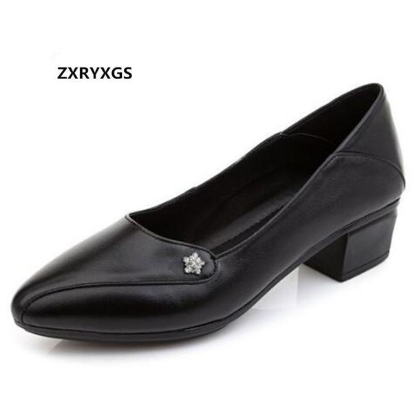 

dress shoes 2021 autumn wild pointed shallow genuine leather woman high heels plus size elegant fashion thick heel, Black