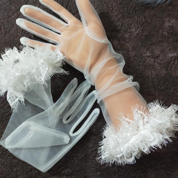 

bruidshandschoenen vrouwen tule sheer kant rand witte bruid bruiloft dames 40cm guantes transparentes party handschoen accessoires, White