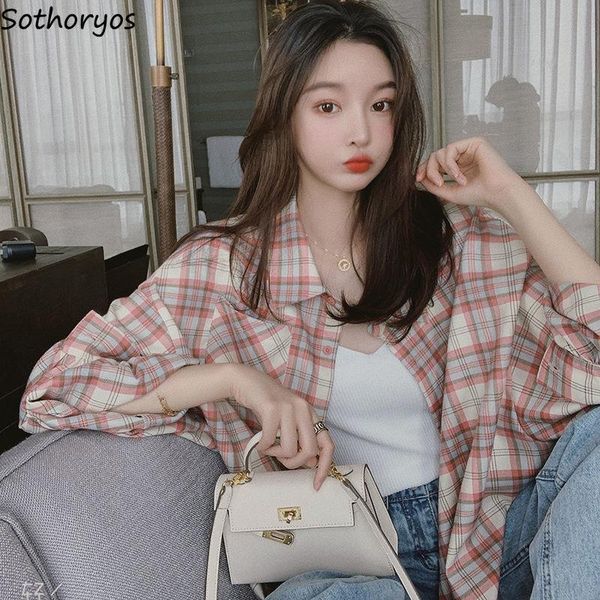 

blouse women shirts turn-down collar long sleeve retro womens korean style plaid students pink all-match leisure loose chic new, White