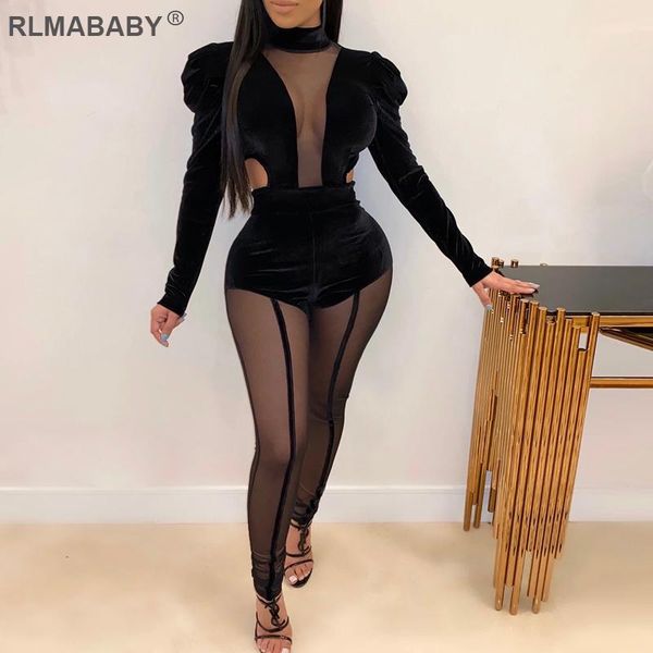 

two piece dress rlmababy 2 set women velvet mesh patchwork bodysuit and pants female 2021 high neck puff sleeve club, White
