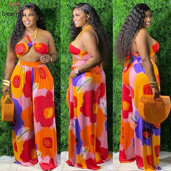 

plus size tracksuits women clothing two piece set halter crop and wide leg pants printed 2 suits 3xl 4xl beach club outfits, Black