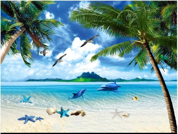 

wallpapers custom ceiling wallpaper for walls 3 d zenith mural blue sky and white clouds beautiful sea tree dolphin background wall