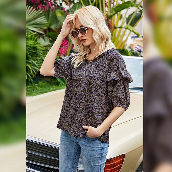 

ins summer printed pullover drawstring womens floral print half sleeve loose t-shirt european station temperament hooded top, White