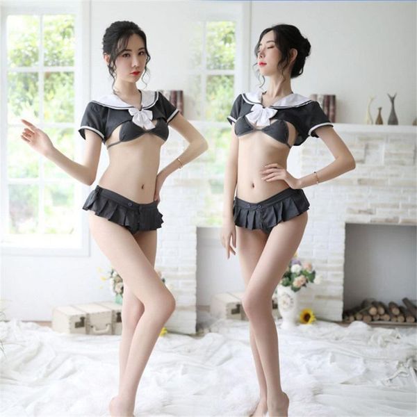 

bras sets women's cute student sailor stewardess uniform temptation cosplay hollow bow button mini pleated skirt lingerie suit, Red;black