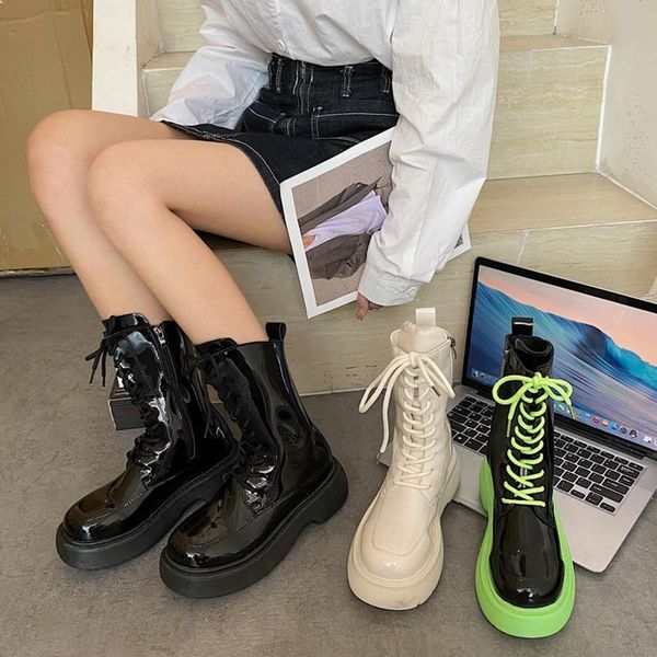

boots women 2021 shoes round toe flat heel luxury designer lolita ankle rubber autumn rock fashion med ladies pu lace-up sl, Black