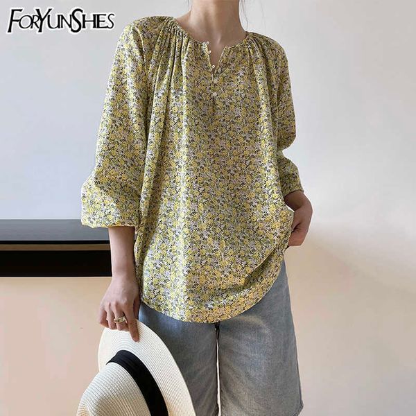 

foryunshes summer women blouses casual long sleeve printed oversized shirt korean sweet button pullover beach clothes 210709, White