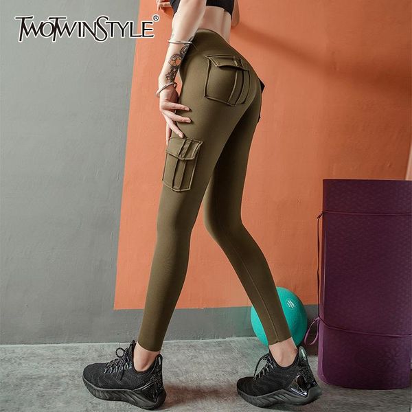 

twotwinsyle patchwork pocket tight pants of fitness for female high waist breathable seamless women's running pants tide 2021