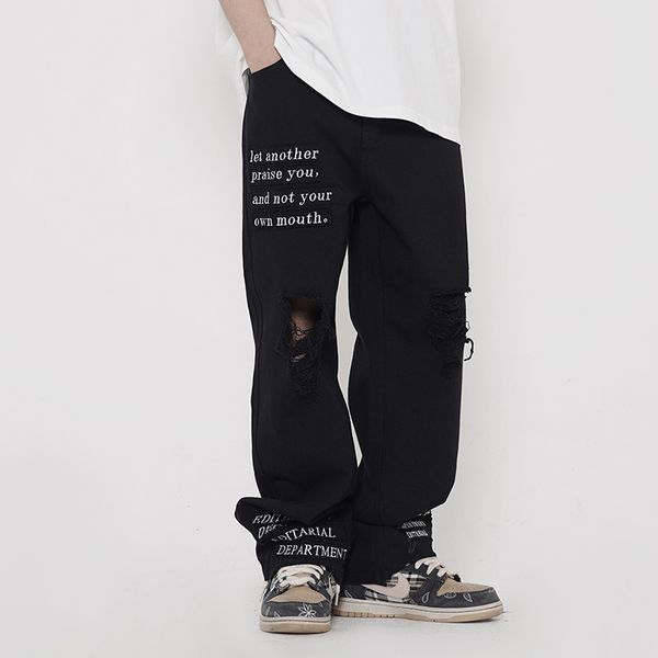 

2021 new alta stree buraco carta bordado casuais homens e mulheres em linha reta harajuku baggy carga calas i89h, Black