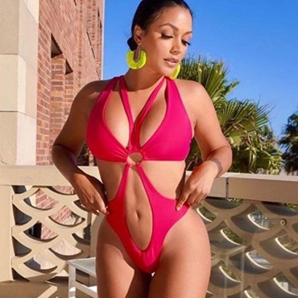 

one-piece suits solid monokini hollow out swimsuit women rings swimwear 2021 high cut bathing suit strap push up one piece beach wear