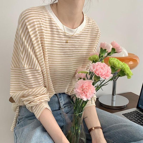 

women's t-shirt 4colors korean style stripe loose long sleeve t-shirts womens tee shirt femme women casual summer sun protection 2021(, White