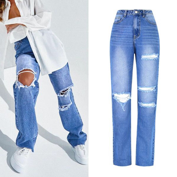 

women's ripped new loose straight boyfriend mommy jeans stretchy cute distressed denim pants stretch skinny jean with hole, Blue