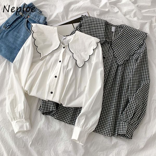 

neploe doll collar hit color patchwork loose blouse women long sleeve single breast sweet blusas spring new shirt feminino 210225, White