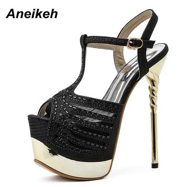 

sandals aneikeh party zapatos de mujer platform crystal head peep toe t-tied high heel women's shoes 2021 summer leisure fashion, Black