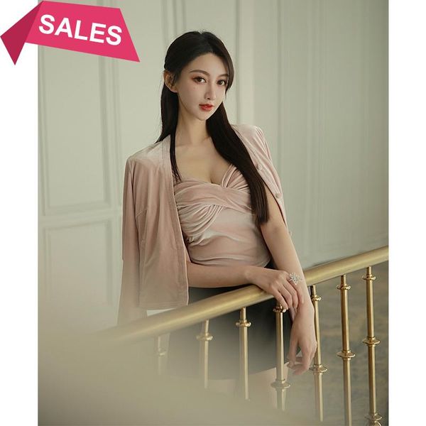 

casual dresses autumn small velvet short temperament cardigan set design sense sling coat two piece, Black;gray