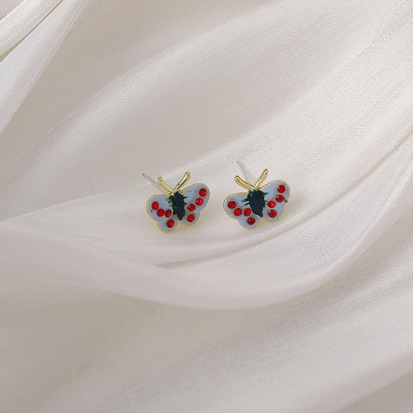 

stud minar delicate red color rhinestone enamel butterfly earring for women girls fashion contrast jewelry, Golden;silver