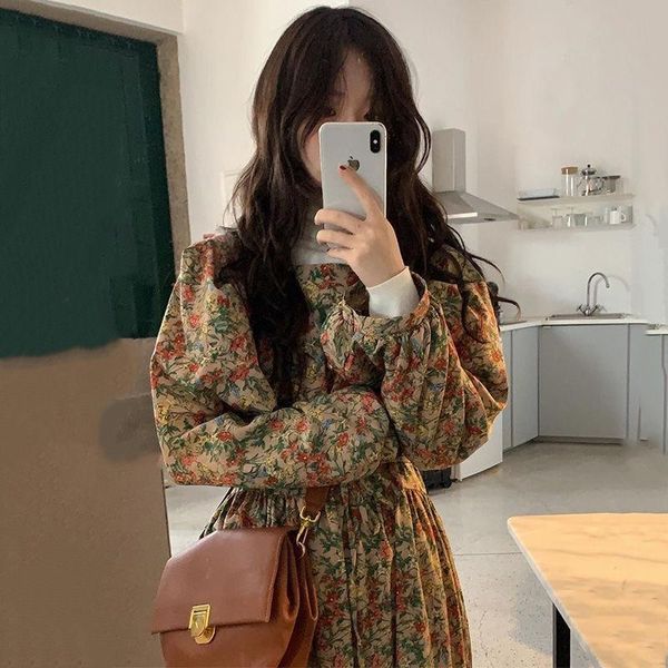 

plus size dresses korea chic autumn retro small square neck puff sleeve flower skirt lace-up waist mid-length chiffon dress, Black