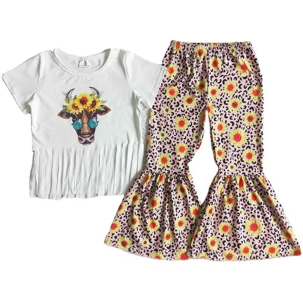 

wholesale kids designer clothes sets boutique toddler baby girls clothing fall bell bottom pants sunflower cow print fashion kid children ou, White
