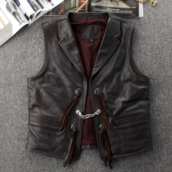 

men's vests genuine real leather vest motorcycle biker cowhide waistcoat suit collar sleeveless jacket metal chain punk, Black;white