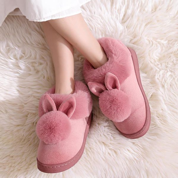 

nieuwe herfst winter katoen slippers bont konijn thuis warme dikke bodem indoor katoen schoenen dames slippers pluizig konijn, Black