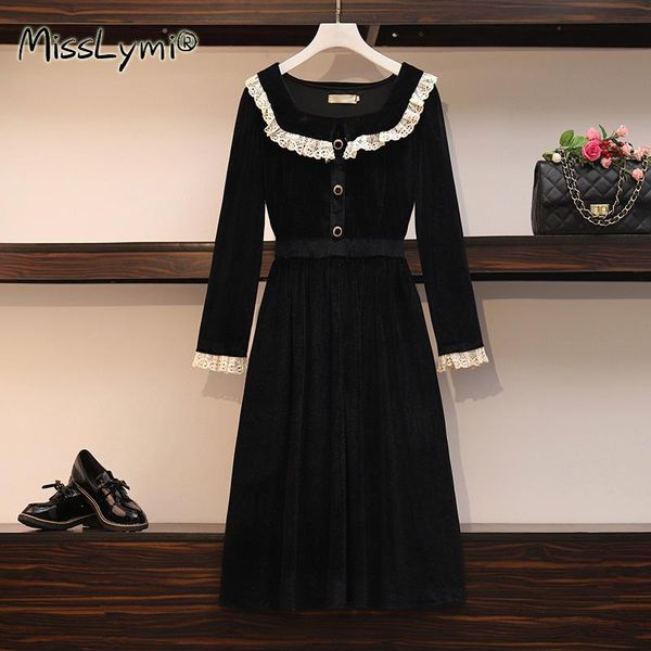 

casual dresses l-4xl plus size women vintage velvet little black dress winter 2021 lace patchwork square collar long sleeve korean midi, Black;gray