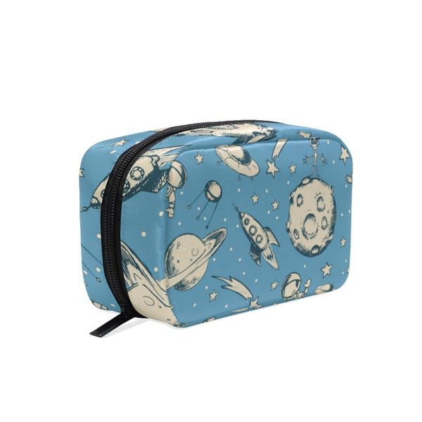 

fengju makeup cosmetic bag portable toiletries bag fashionable square storage for girls lady woman astronaut rocket planet
